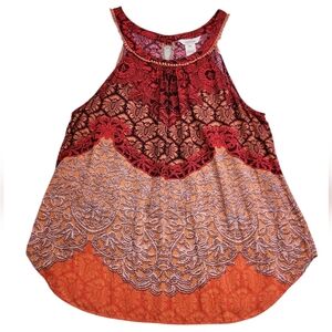 SUNDANCE Boho Red & Orange Sleeveless Halter Tank Top Size 16